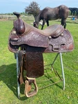 Used/vintage 16" Billy Cook Tooled/buckstitched Western Saddle. Fixed Price $450.00.
