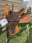 15" Double Dark Suede Western Barrel Saddle W/tooled Leather, Semi Bars. Fixed Price $325.00.