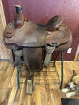 15" Teskeys Ranch Western Saddle, Brown Tooled Leather, Traditional Design. Fixed Price $1550.00.