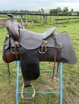 Antique Heiser Denver Tooled Leather 16 " Slick Seat Wide Fork Western Saddle. Fixed Price $460.00.