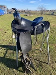 Antique/vintage J. C. Higgins 15.5 Slick Seat Western Saddle W/tapaderos. Fixed Price $200.00.