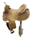 15", 16" Circle Barrel Style Rough Out Horse Saddle With Rawhide Accents. Fixed Price $475.00.